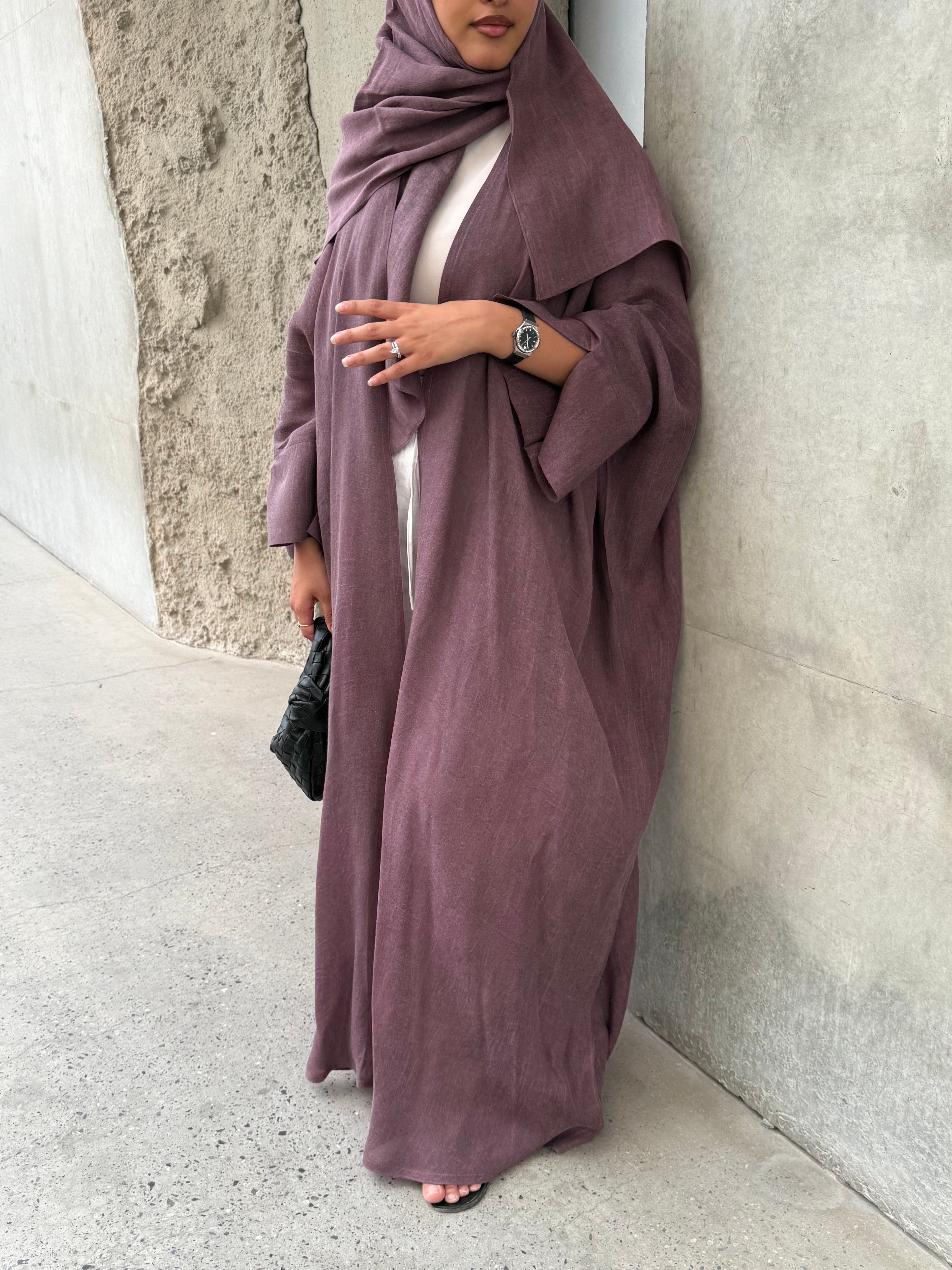 Turkish linen abaya, half-bisht cut - Mauve