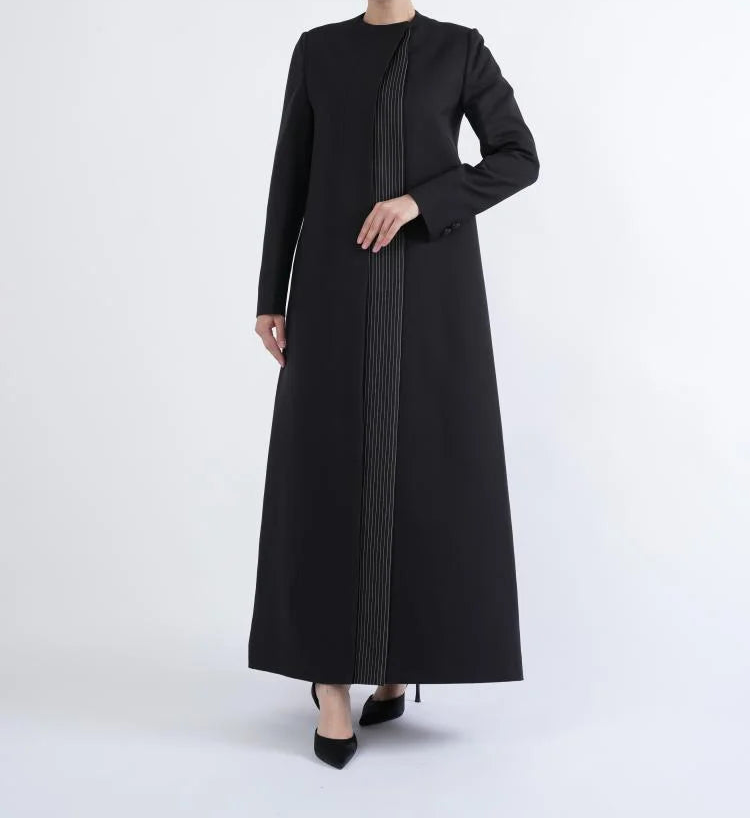 Black Formal Abaya with Tailored Silhouette and Stripe Panel