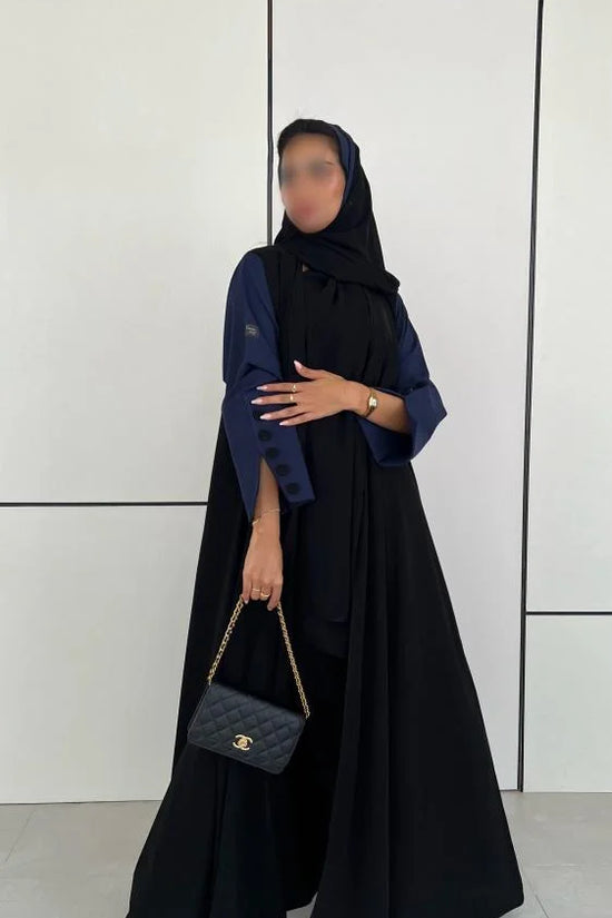 Black Abaya with Navy Blue sleeves with buttons