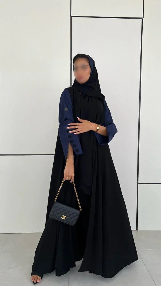 Black Abaya with Navy Blue sleeves with buttons