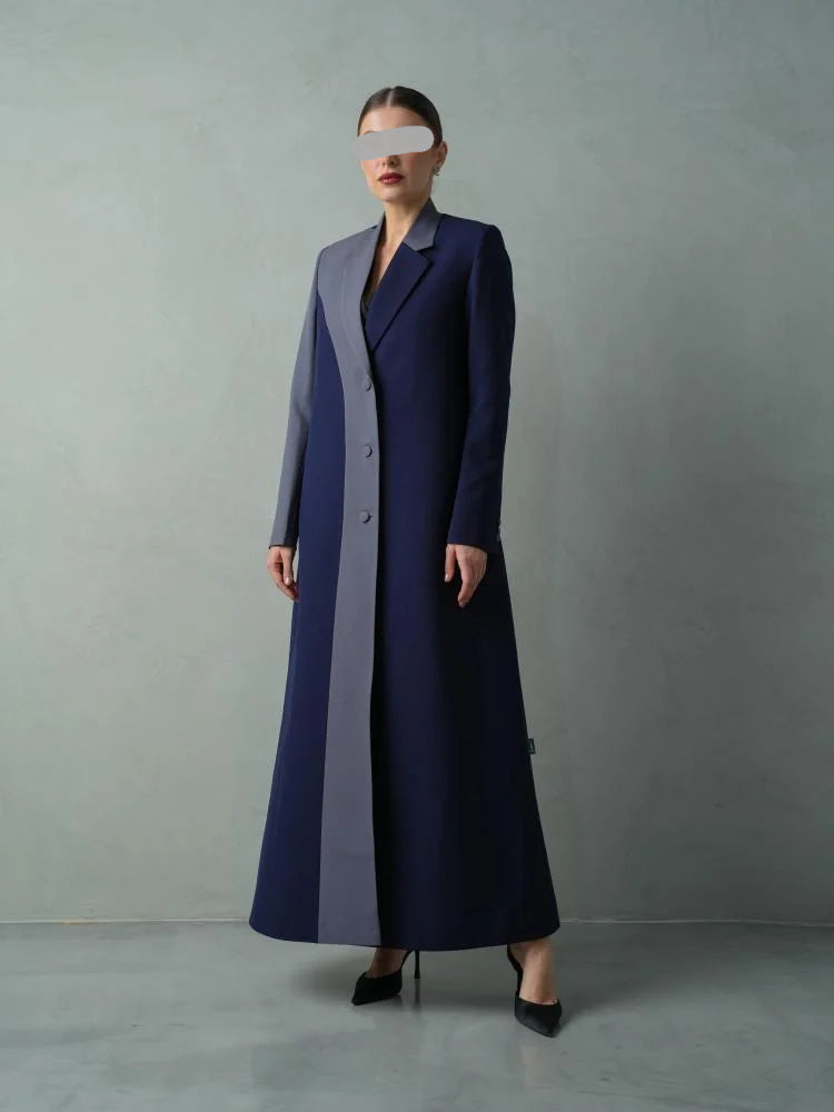Navy Blue Colour Block Blazer Abaya with Grey Contrast Panel