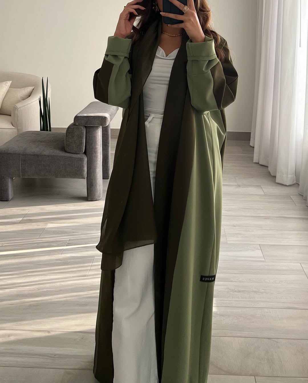 Double Shade Olive abaya with thread work