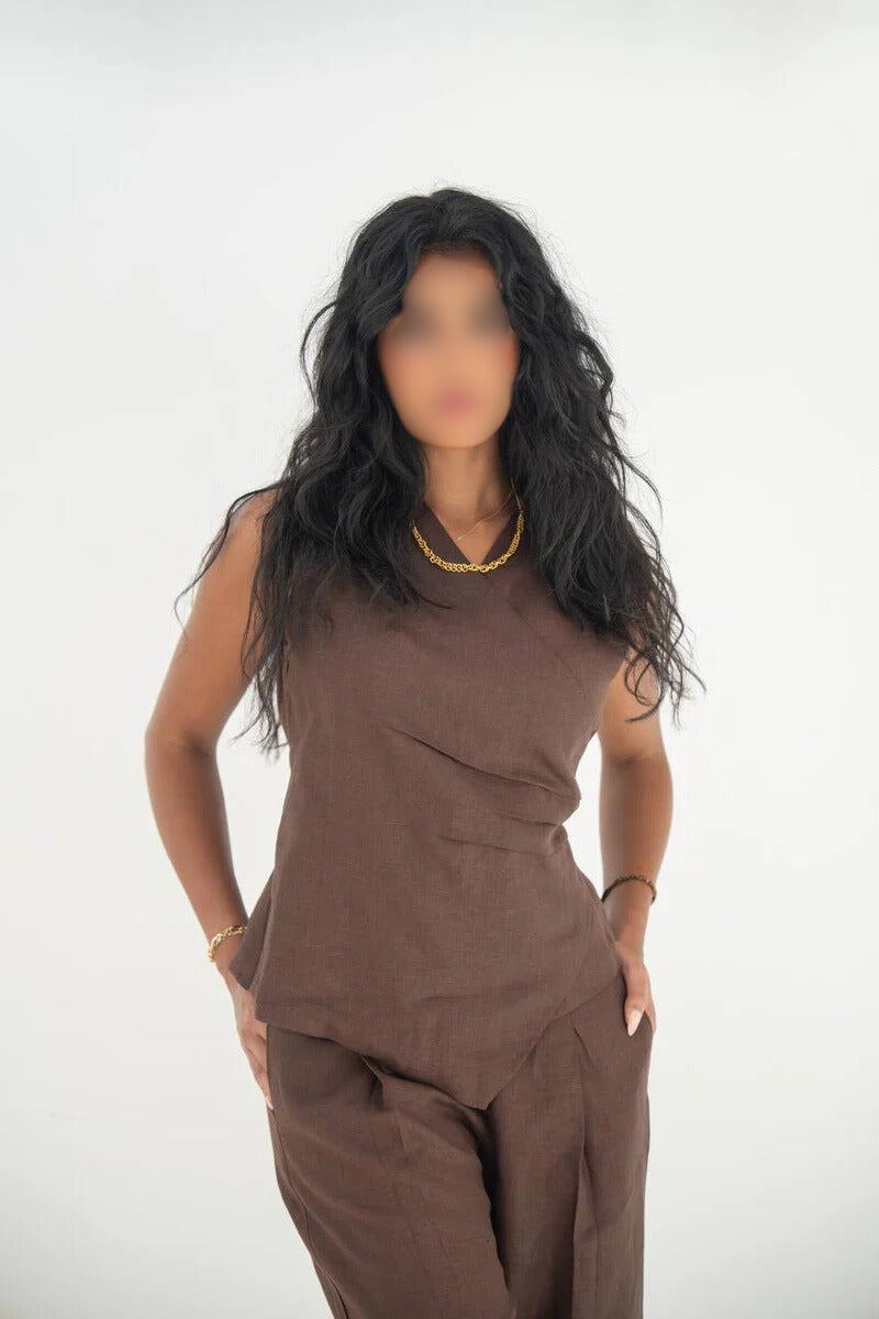 Brown linen blouse and pants