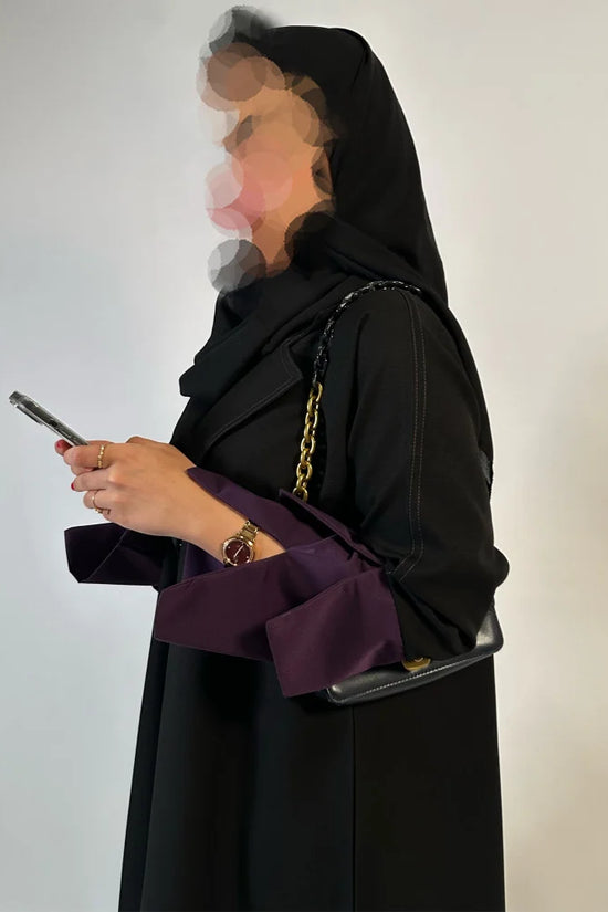 Black Cloche cut Abaya with purple sleeves details