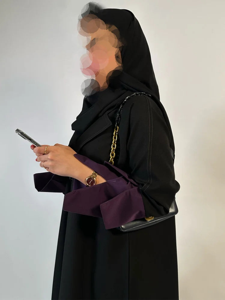 Black Cloche cut Abaya with purple sleeves details