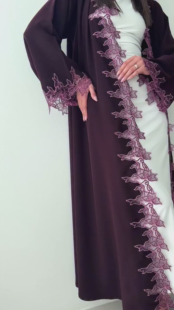 Purple Lace Open Abaya with Shaila